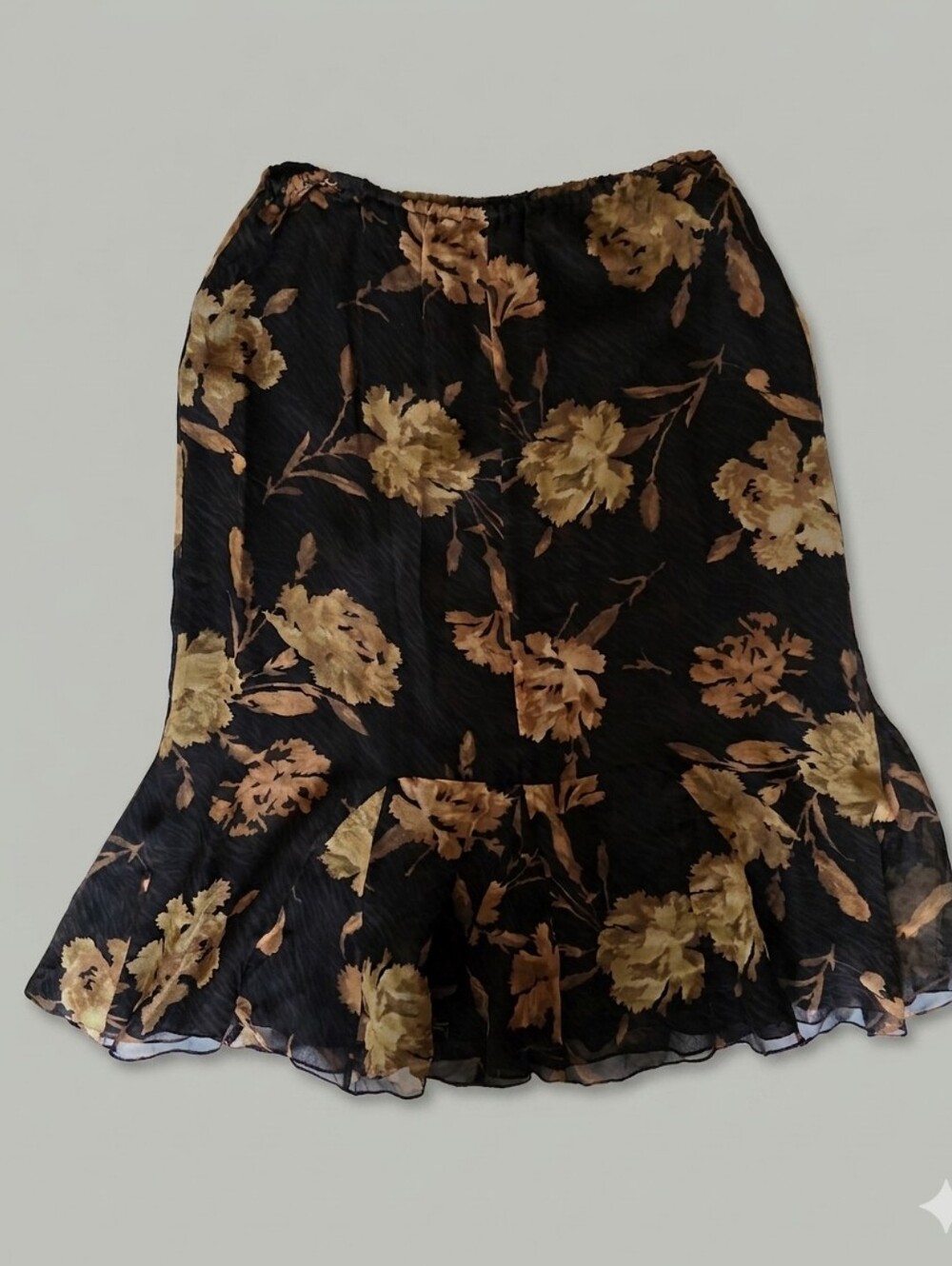 Vintage Y2K Sunny Leigh Silk Floral Midi Skirt L Sheer Hem Boho Romantic Cottage